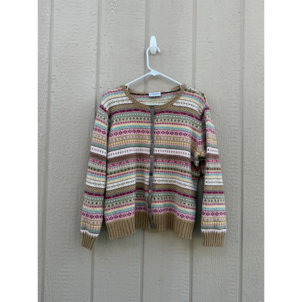 Villager Large Cardigan Fair Isle Cottagecore Cotton Blend Houndstooth Trim